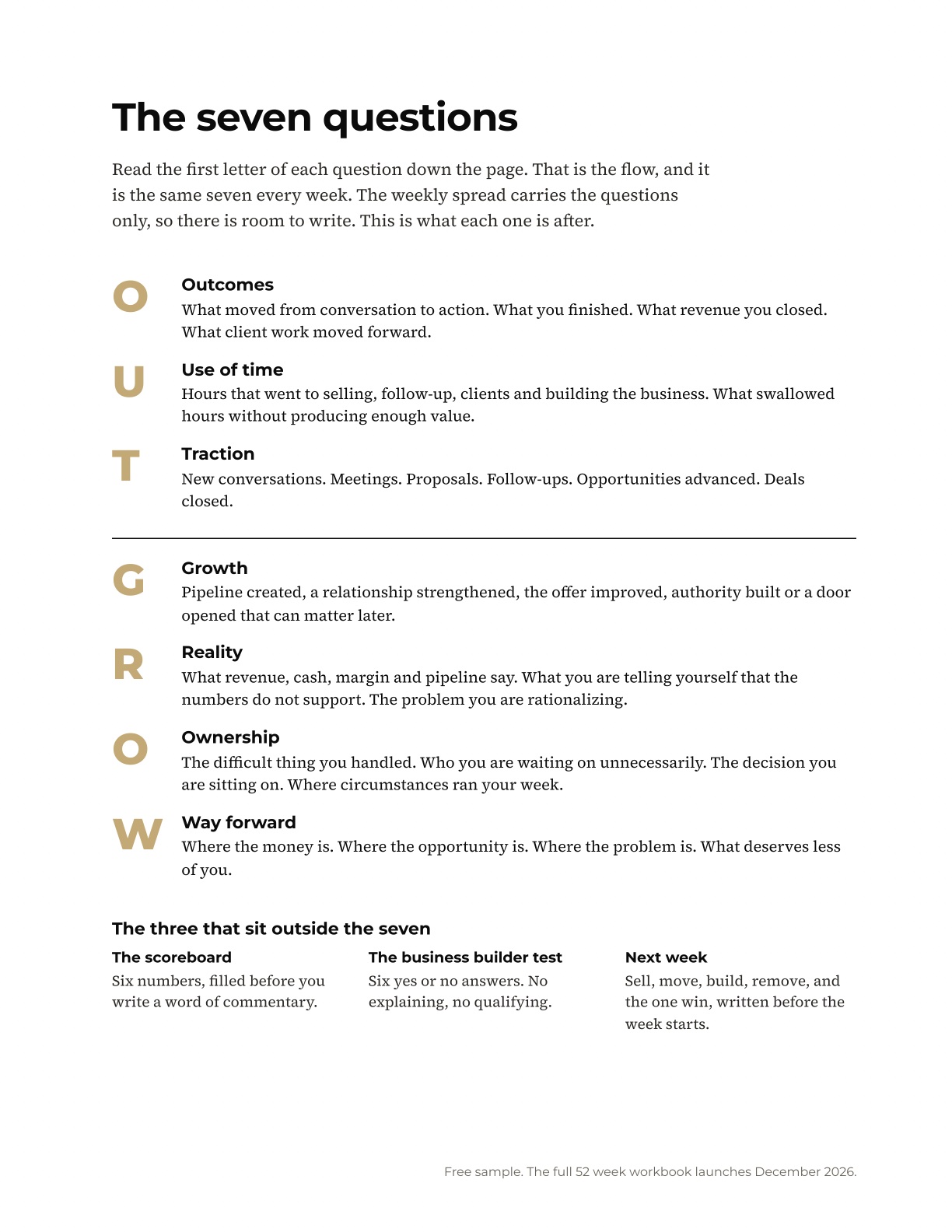 The seven questions page from the OUTGROW workbook, one question for each letter of the word