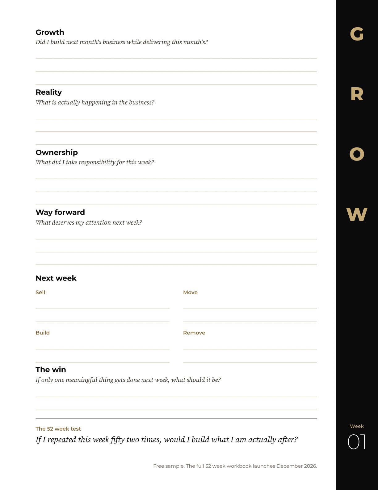 Week one, right page of the OUTGROW workbook: the week ahead, with the G R O W questions